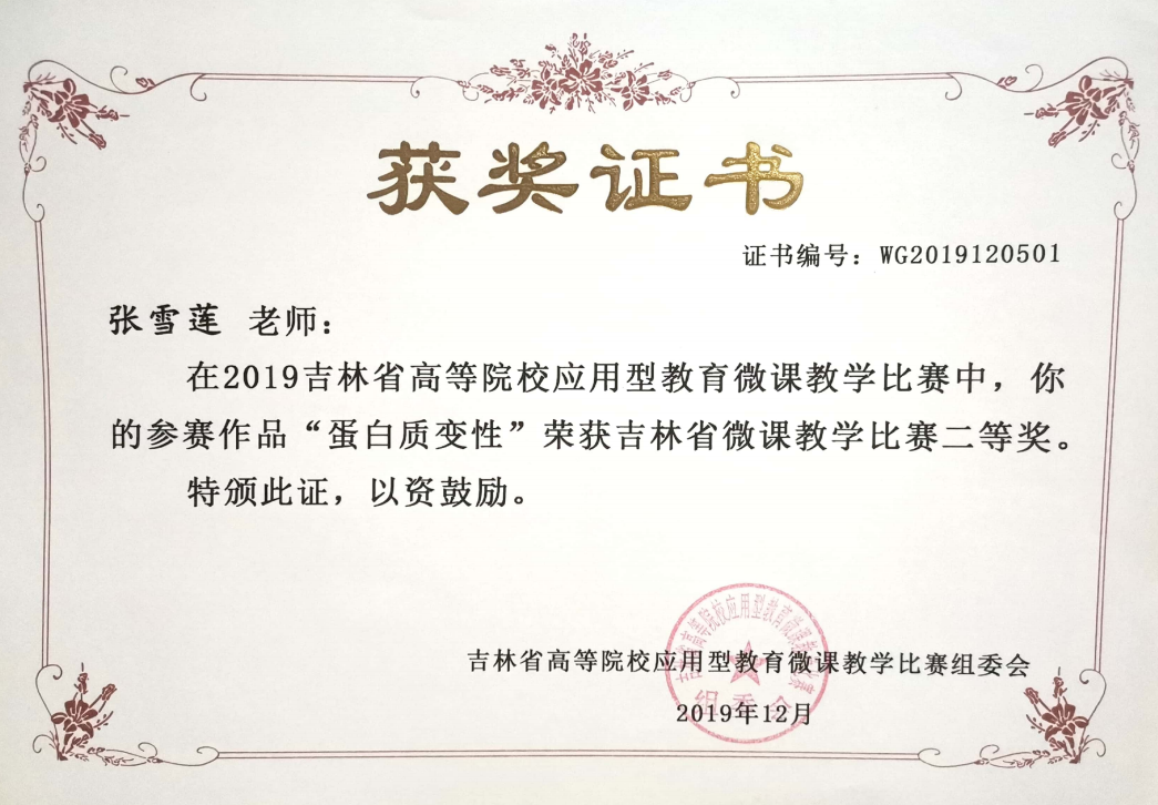 吉林省高等院校应用型教育微课教学比赛二等奖