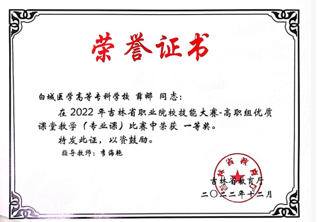 2022年参加吉林省职业院校技能大赛优质课堂比赛获得一等奖