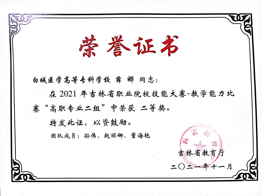 2021年参加吉林省职业院校技能大赛教学能力比赛获得二等奖