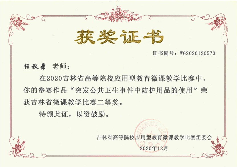 2020年吉林省高等院校应用型教育微课教学比赛获二等奖