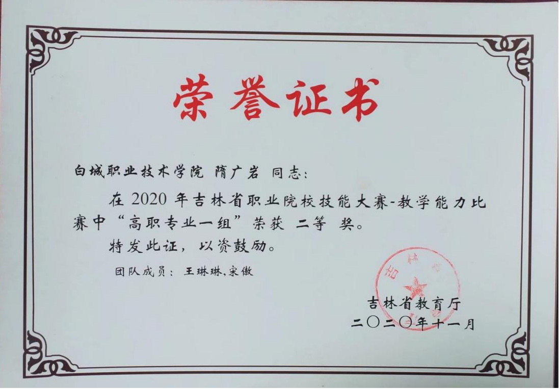 1.2020年 吉林省职业院校技能大赛教学能力比赛二等奖