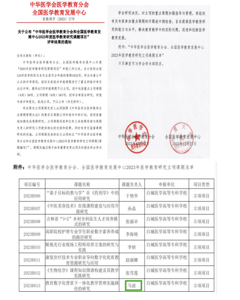 2024.01-2025.12主持中华医学会医学教育分会项目，教育数字化背景下一体化教学管理实 施路径的研究