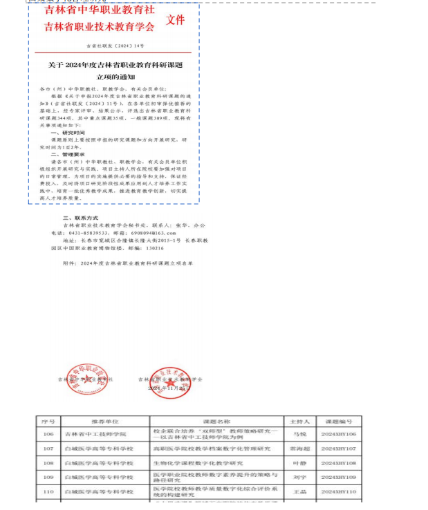 2024.11-2026.11参与吉林省中华职业教育社、吉林省教育厅项目，高职医学院校教学档案数字化管理研究